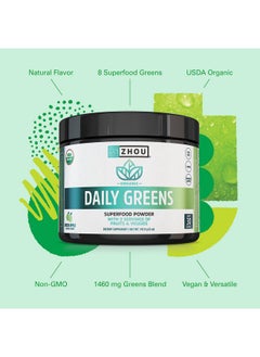 Zhou Zhou Nutrition USDA Organic Supergreens Powder, Superfood Smoothie Juice Mix, Spirulina, Chlorella, Wheatgrass, Kale, Fiber, Immune and Energy Support, Vegan, Non-GMO, 30 Servings  - Image 4