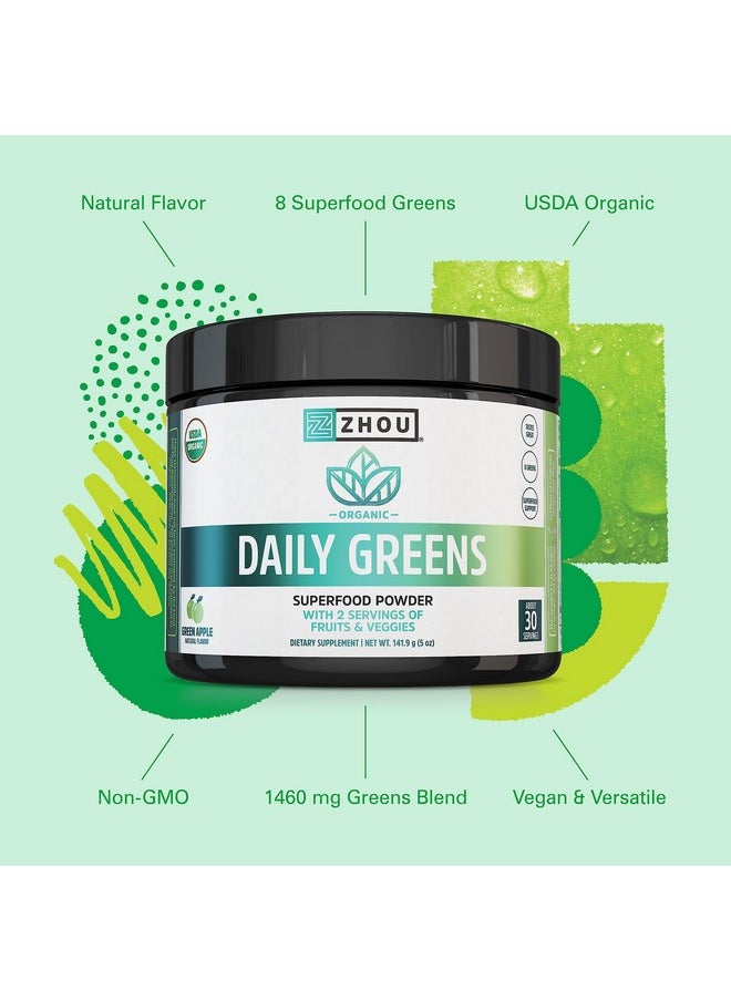 Zhou - Zhou Nutrition USDA Organic Supergreens Powder, Superfood Smoothie Juice Mix, Spirulina, Chlorella, Wheatgrass, Kale, Fiber, Immune and Energy Support, Vegan, Non-GMO, 30 Servings - Image 1