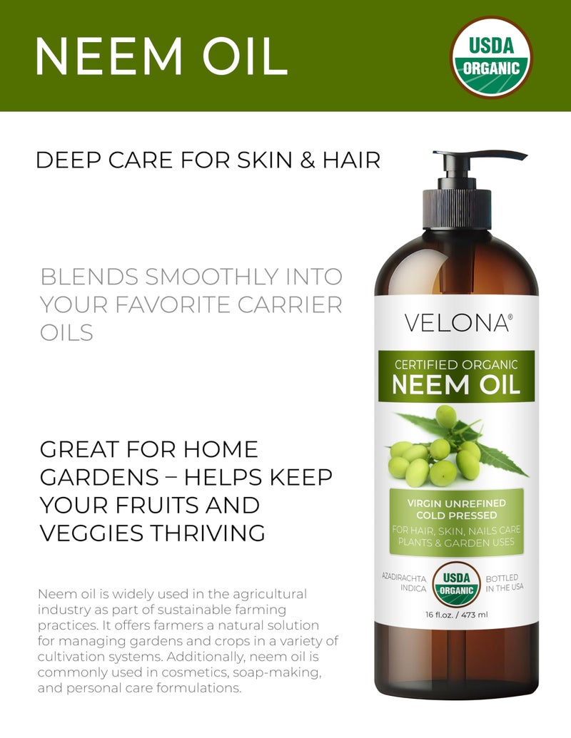 velona Neem Oil USDA Certified Organic - 16 Fl Oz | 100% Pure and Natural Carrier Oil | Virgin, Unrefined, Cold Pressed | Hair, Body and Skin Care | Use Today - Enjoy Results - Image 2