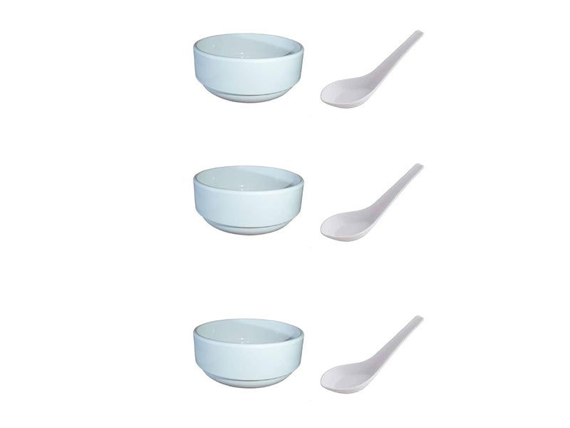 Servewell Melamine Rewa Soup Bowls with SpoonSet of 3Glossy White300ML - Image 1