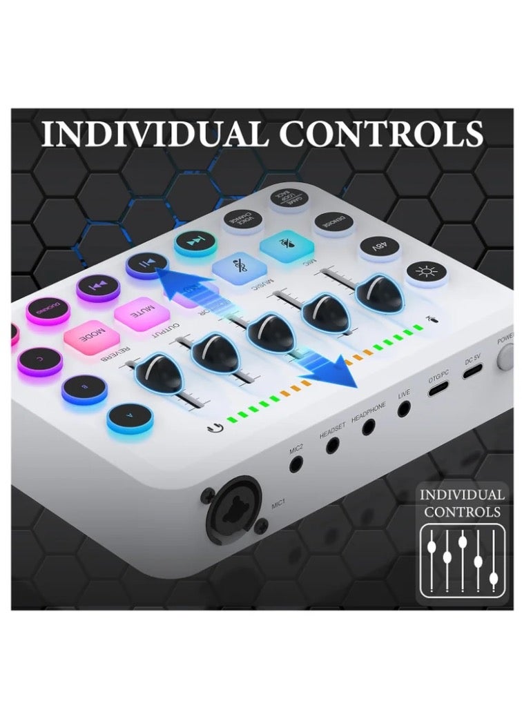 Gaming Audio Mixer, Recording Card, Streaming RGB PC Mixer, with XLR Microphone Interface, Individual Control/Volume Fader/Mute Button/48V Phantom Power for Podcast/Recording/Vocal/Game Voice - Image 3