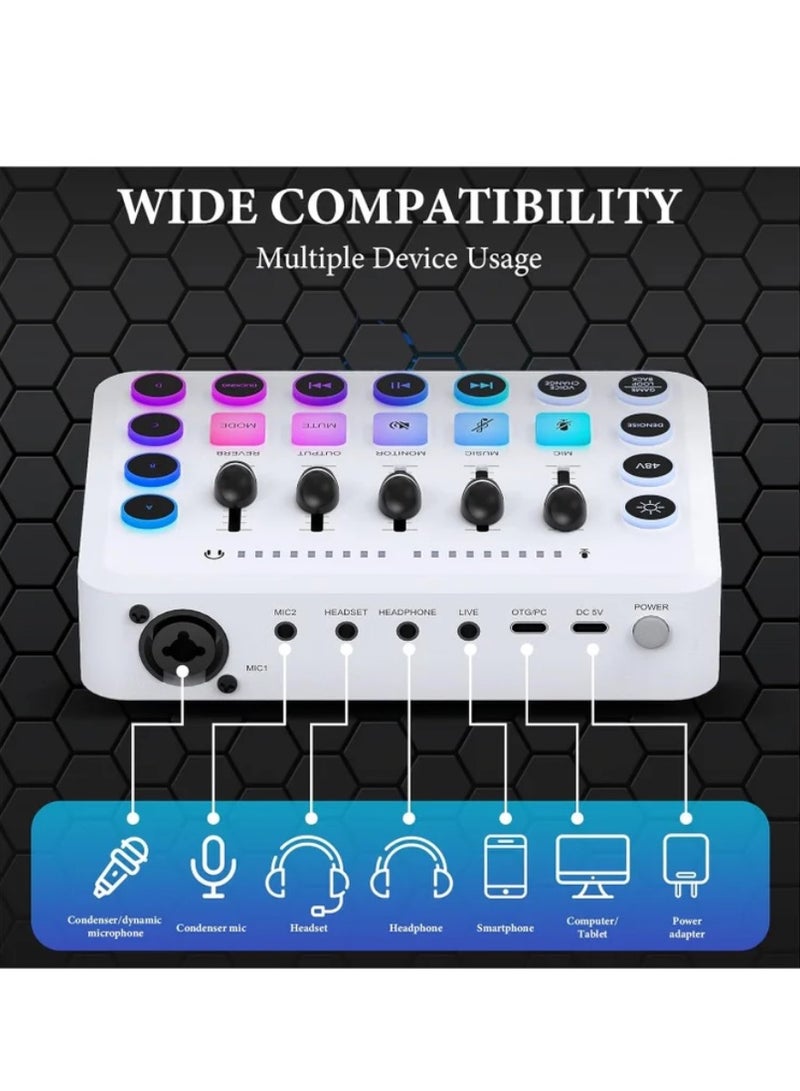 Gaming Audio Mixer, Recording Card, Streaming RGB PC Mixer, with XLR Microphone Interface, Individual Control/Volume Fader/Mute Button/48V Phantom Power for Podcast/Recording/Vocal/Game Voice - Image 2