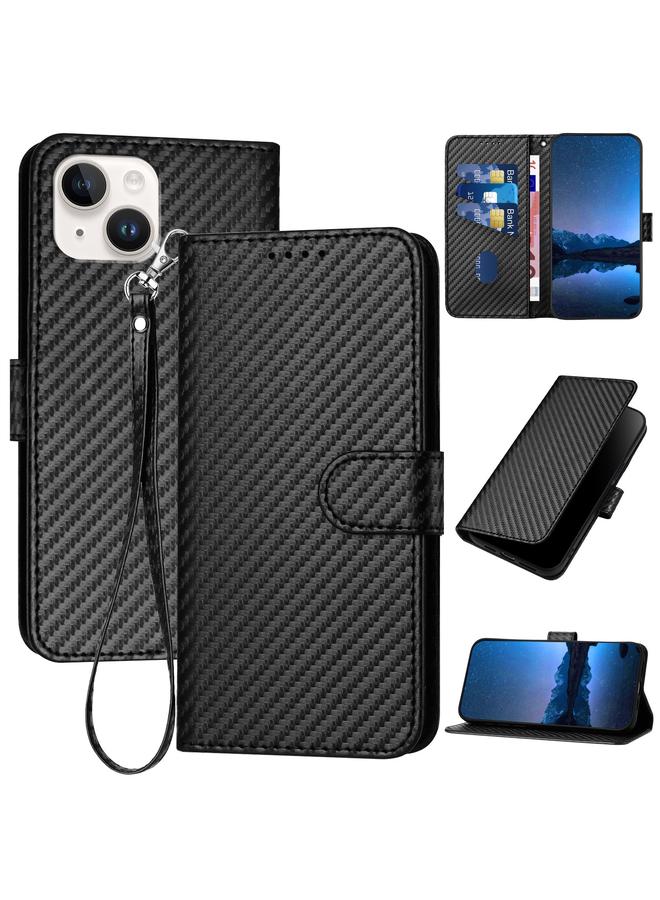 S-TOP Case For iPhone 14 YX0070 Carbon Fiber Buckle Leather Phone Case with Lanyard - Image 1