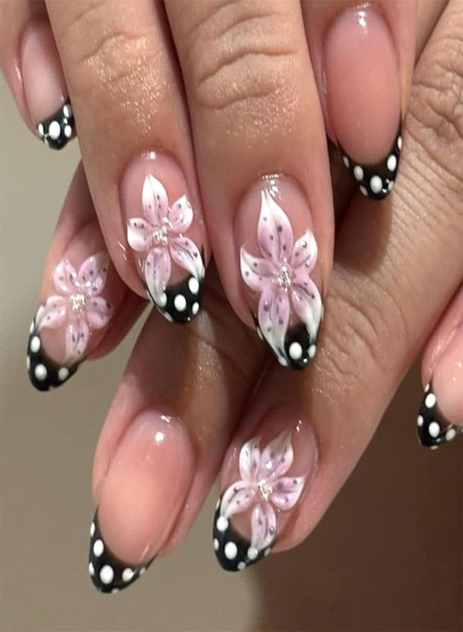 WAFOLOZE Nail Press ons, Almond Press on Nails Medium Fake Nails with 3D Flowers and Black French Tip Designs, Silver Pearl Glue On Floral Acrylic Nail Artificial False Stick On Nails for Women - Image 1