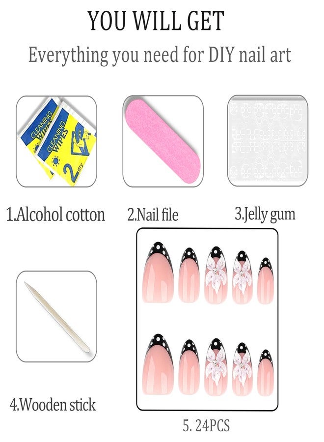 WAFOLOZE Nail Press ons, Almond Press on Nails Medium Fake Nails with 3D Flowers and Black French Tip Designs, Silver Pearl Glue On Floral Acrylic Nail Artificial False Stick On Nails for Women - Image 5