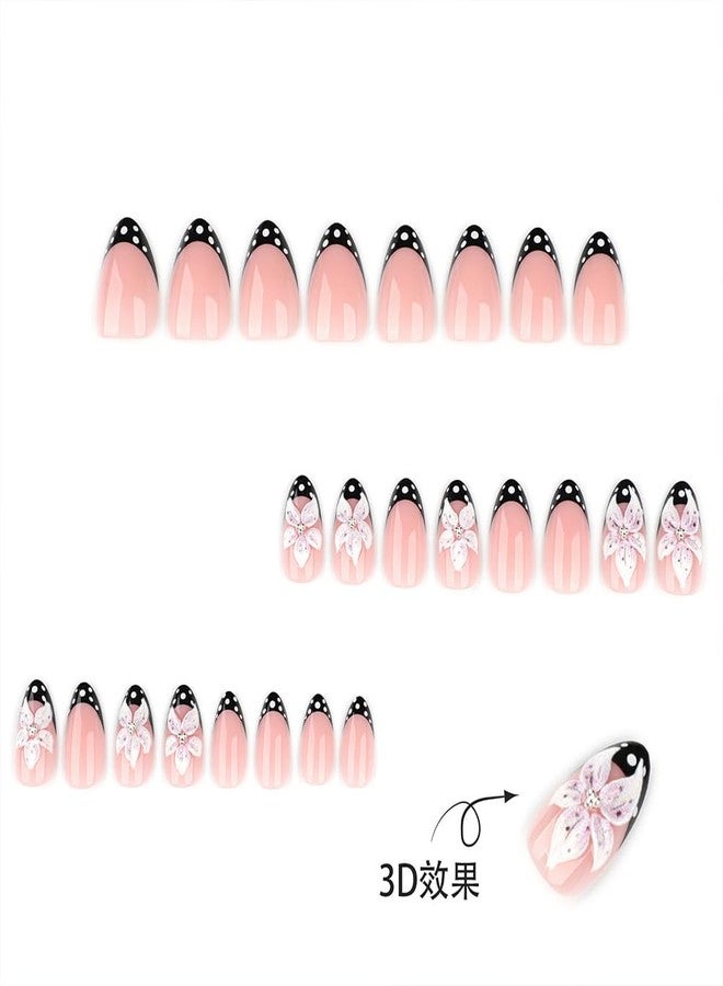 WAFOLOZE Nail Press ons, Almond Press on Nails Medium Fake Nails with 3D Flowers and Black French Tip Designs, Silver Pearl Glue On Floral Acrylic Nail Artificial False Stick On Nails for Women - Image 2