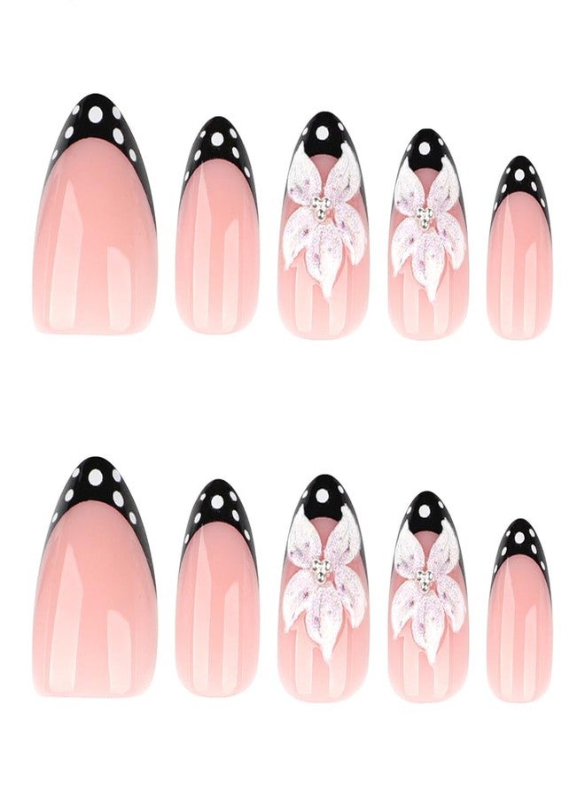 WAFOLOZE Nail Press ons, Almond Press on Nails Medium Fake Nails with 3D Flowers and Black French Tip Designs, Silver Pearl Glue On Floral Acrylic Nail Artificial False Stick On Nails for Women - Image 4