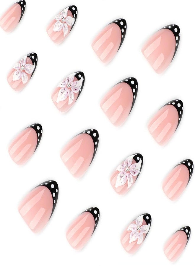 WAFOLOZE Nail Press ons, Almond Press on Nails Medium Fake Nails with 3D Flowers and Black French Tip Designs, Silver Pearl Glue On Floral Acrylic Nail Artificial False Stick On Nails for Women - Image 3