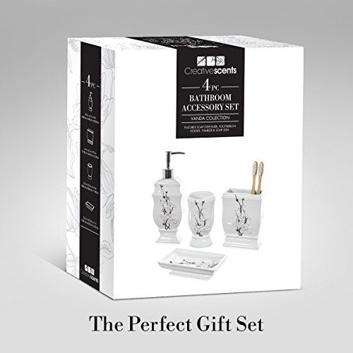 Creative Scents Vanda Bathroom Set - Cherry Blossom White Bathroom Accessories Set - 4 Piece Floral Bathroom Soap Dispenser Set Includes: Lotion Dispenser, Toothbrush Holder, Tumbler & Soap Dish - Image 5
