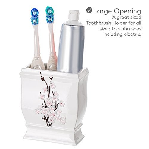 Creative Scents Vanda Bathroom Set - Cherry Blossom White Bathroom Accessories Set - 4 Piece Floral Bathroom Soap Dispenser Set Includes: Lotion Dispenser, Toothbrush Holder, Tumbler & Soap Dish - Image 3