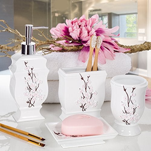 Creative Scents Vanda Bathroom Set - Cherry Blossom White Bathroom Accessories Set - 4 Piece Floral Bathroom Soap Dispenser Set Includes: Lotion Dispenser, Toothbrush Holder, Tumbler & Soap Dish - Image 2