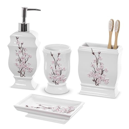 Creative Scents Vanda Bathroom Set - Cherry Blossom White Bathroom Accessories Set - 4 Piece Floral Bathroom Soap Dispenser Set Includes: Lotion Dispenser, Toothbrush Holder, Tumbler & Soap Dish - Image 1