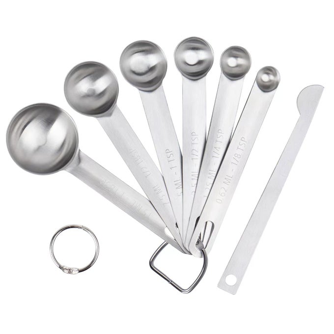 UPGRADE STAINLESS STEEL MEASURING SPOONS SET SMALL TABLESPOON TEASPOONS SET 6 WITH BONUS LEVELER ETCHED MARKINGS AND REMOVABLE CLASP FOR DRY AND LIQUID FITS IN SPICE JARS