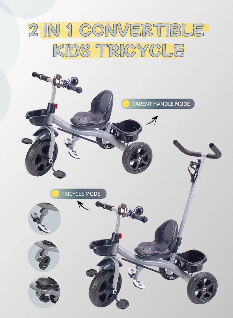 Baby Ride-On Bicycle Toy Tricycle for Kids - Equipped with Parental Push Handle & Storage Basket (Grey, Red, Pink Choices) Package Include Full Protective Gear Set - Image 2