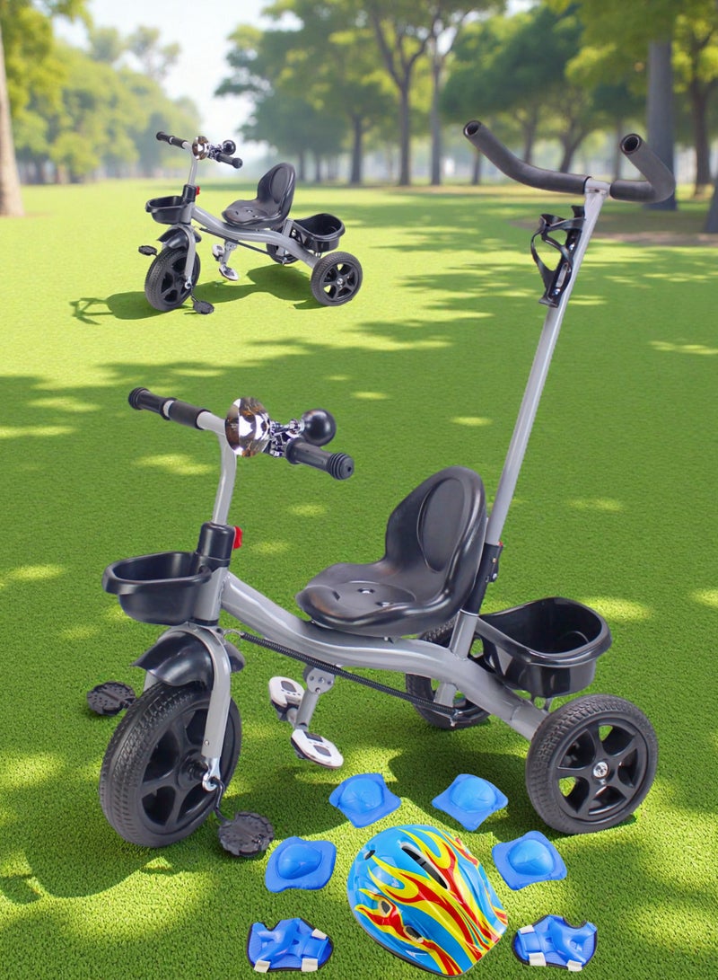 Baby Ride-On Bicycle Toy Tricycle for Kids - Equipped with Parental Push Handle & Storage Basket (Grey, Red, Pink Choices) Package Include Full Protective Gear Set - Image 1