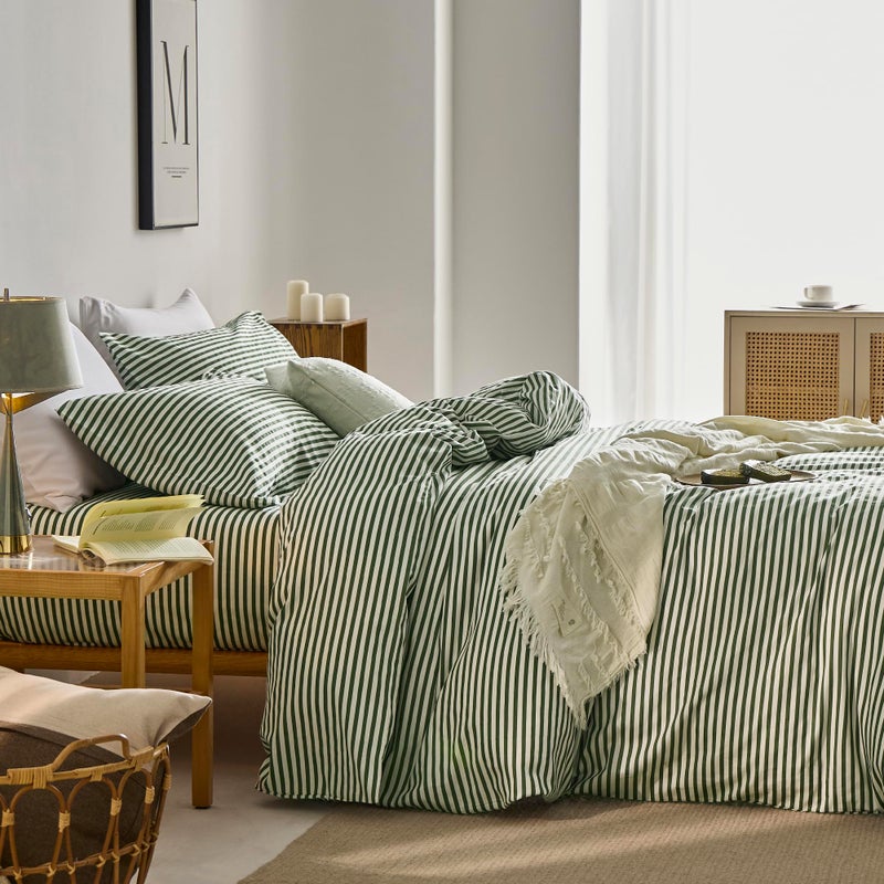 JELLYMONI 100% Natural Cotton 3pcs Striped Duvet Cover Sets,White Duvet Cover with Green Stripes Pattern Printed Comforter Cover,with Zipper Closure & Corner Ties(Full Size) - Image 3