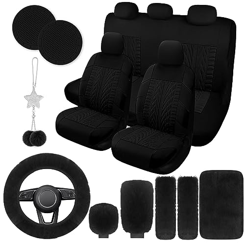 JINGSEN 17 Car Seat Cover Full Set for Women,Universal Car Seat Cover,Plush Steering Wheel Cover,Fluffy Soft Wool Handbrake Gear,Suspension Accessories Full SUV((Patterned Black - Image 1