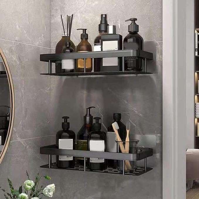 RACKORA Bathroom Stainless Steel Organiser Without Drill | Kitchen Organizer Rack | No Drill Wall Shelves | Bathroom Holder | Bathroom Rack | Stainless Steel Storage Shelf (Pack of 2, Black) - Image 3