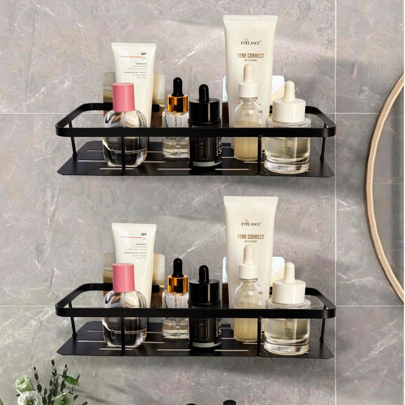 RACKORA Bathroom Stainless Steel Organiser Without Drill | Kitchen Organizer Rack | No Drill Wall Shelves | Bathroom Holder | Bathroom Rack | Stainless Steel Storage Shelf (Pack of 2, Black) - Image 1
