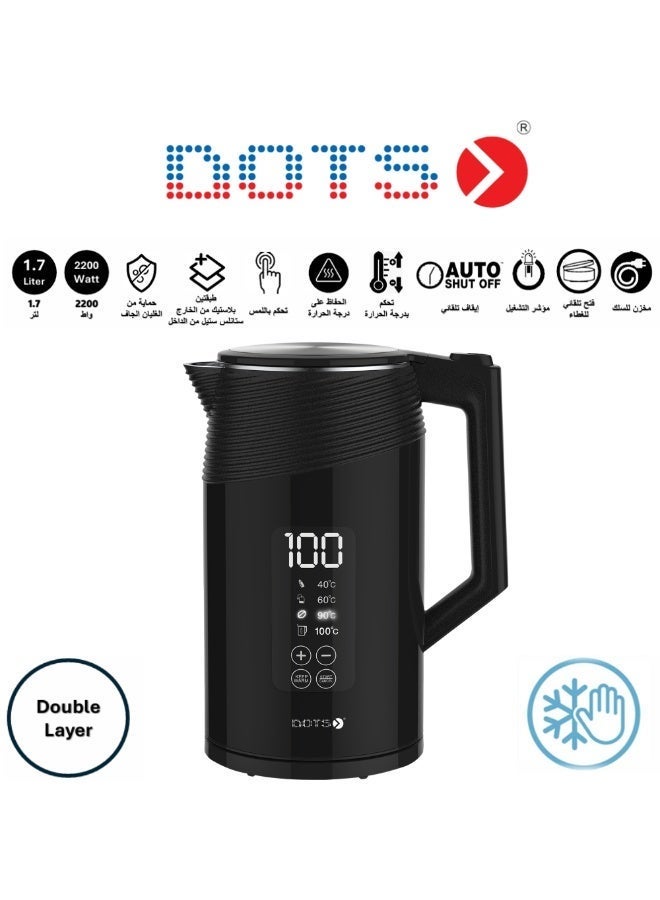 دوتس غلاية من الفولاذ المقاوم للصدأ بشاشة عرض رقمية ذكية من دوتس غلاية من الفولاذ المقاوم للصدأ سعة 1.7 لتر بقوة 2200 واط، هيكل داخلي بارد الملمس، أسود - Image 1