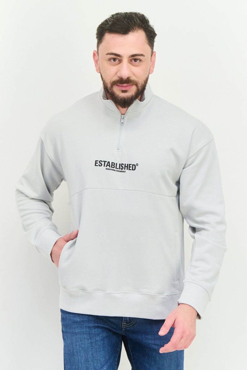 Established Redefining Essentials Men High Neck Long Sleeves Brand Logo Sweatshirt, Light Grey - Image 1