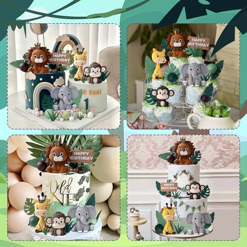 Zafena 19pcs Safari Animal Cake Topper - Jungle Wild Cake Toppers with Leaves Balls Cake Decorations for Safari Animals Themed Birthday Party Decorations (Safari Animal Style) - Image 4