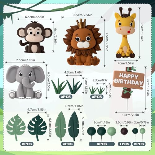 Zafena 19pcs Safari Animal Cake Topper - Jungle Wild Cake Toppers with Leaves Balls Cake Decorations for Safari Animals Themed Birthday Party Decorations (Safari Animal Style) - Image 2