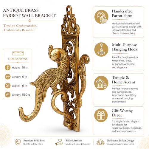 Kartique Brass Parrot Wall Bracket | Decorative Wall Hook for Hanging Lamps, Diyas, Temple Bells,Garlands | Home Decor Piece for Pooja Rooms, Living Spaces in Gold Color Height 10 Inch - Image 2