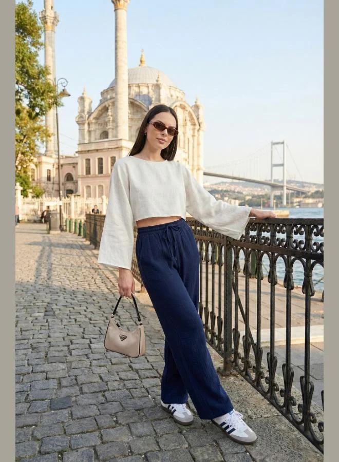 Lela Lela Cotton Tie-Up Relaxed Fit High Waist Wide Leg Muslin Trousers Women's Pants 5866663