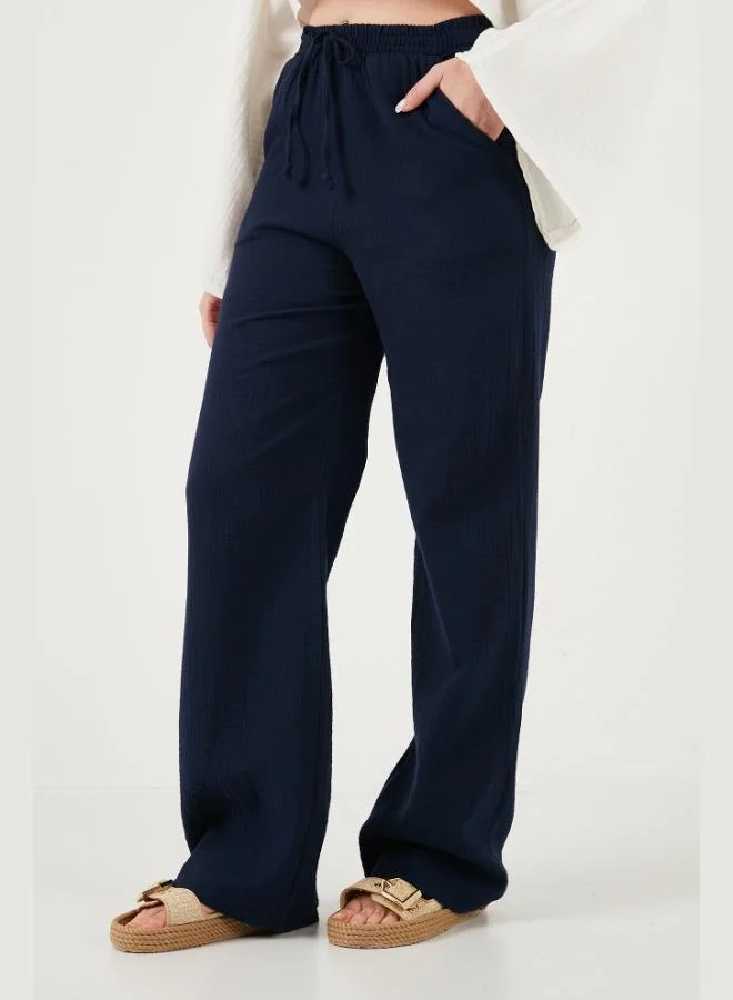 Lela  Lela Cotton Tie-Up Relaxed Fit High Waist Wide Leg Muslin Trousers Women's Pants 5866663 for Women | Best Price UAE
