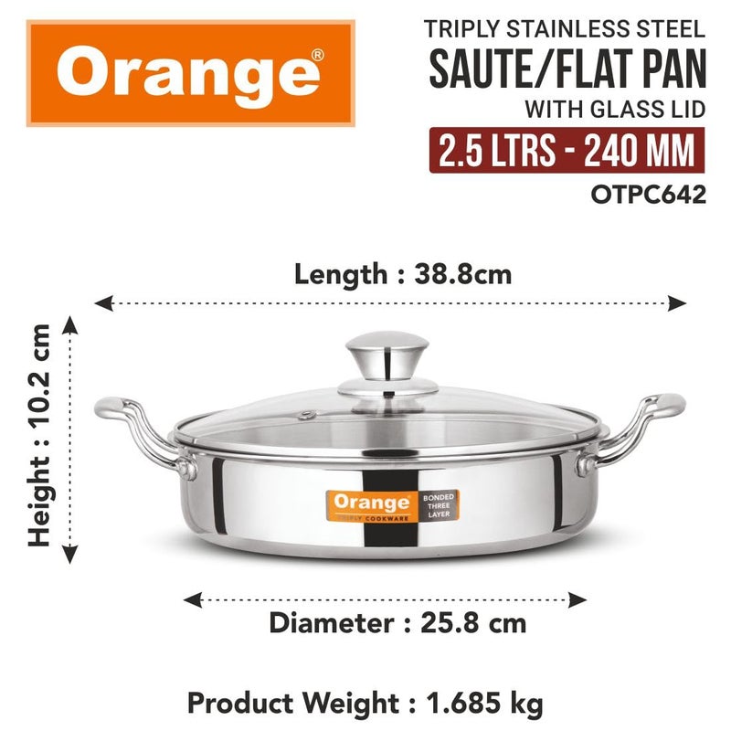 Orange مقلاة ستانلس ستيل ثلاثية الطبقات للطهي والتقديم بسعة 2.5 لتر مع غطاء زجاجي ومقابض | سمك 2.5 مم، قطر 24 سم | مناسبة للموقد الحثي | (2.5 لتر، ستيل) - Image 3