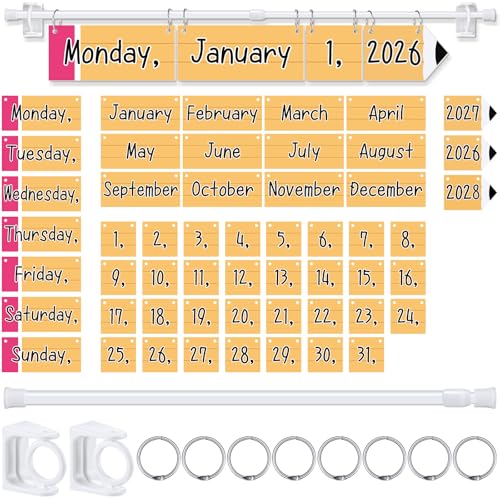 Chiisong Pencil Classroom Flip Calendar Classroom Bulletin Board Calendar Chart Set with 53 Date Cards and Hanging Adjustable Rod for Back to School Decor Supplies Teacher Preschool Must Haves - Image 1