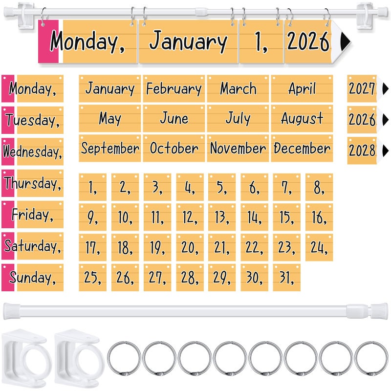 Chiisong Pencil Classroom Flip Calendar Classroom Bulletin Board Calendar Chart Set with 53 Date Cards and Hanging Adjustable Rod for Back to School Decor Supplies Teacher Preschool Must Haves - Image 2