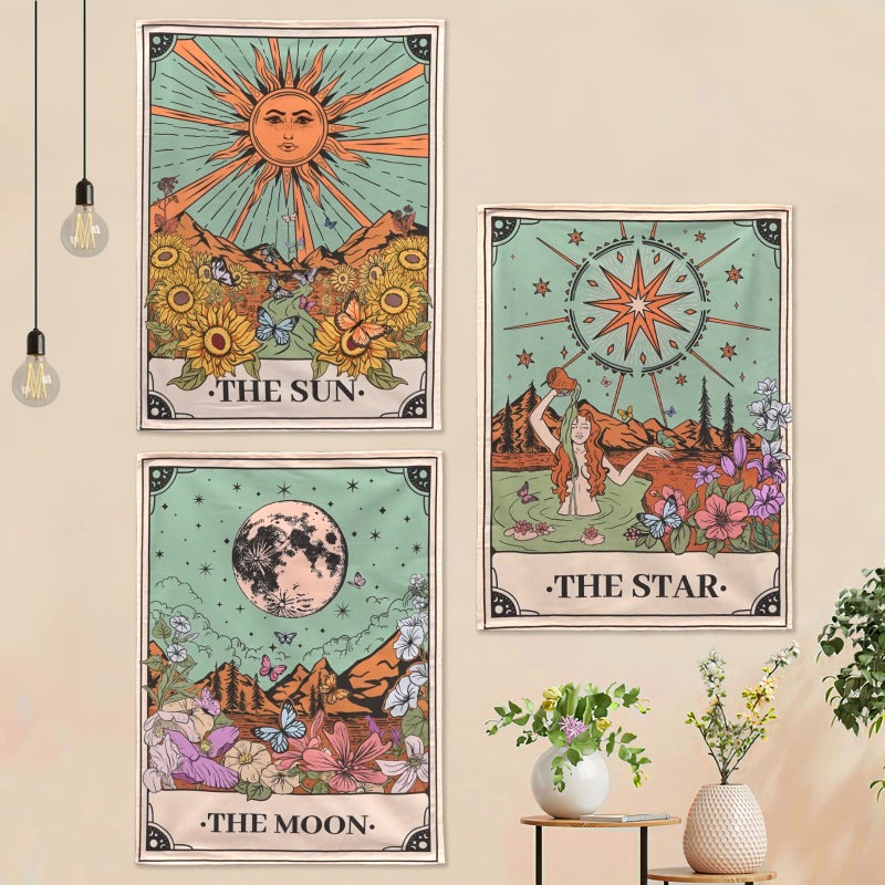 Aipon Tarot Tapestry Cute Tarot Card Tapestries 3 Pack Sun Moon Star Green Floral Flower Small Aesthetic Tapestry Wall Hanging for Bedroom Living Room Dorm 15 20
