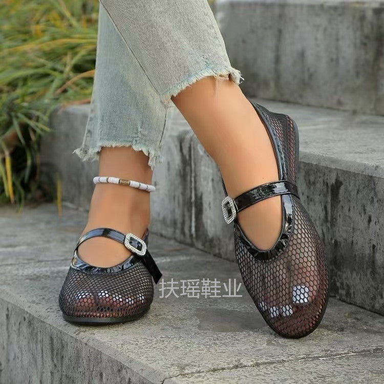Plus Size Rhinestone Buckle Hollow Ballet Flat-Bottomed Fashion Single Summer Round Head Shoes - Image 2