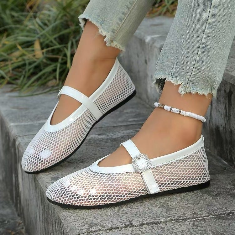 Plus Size Rhinestone Buckle Hollow Ballet Flat-Bottomed Fashion Single Summer Round Head Shoes - Image 5