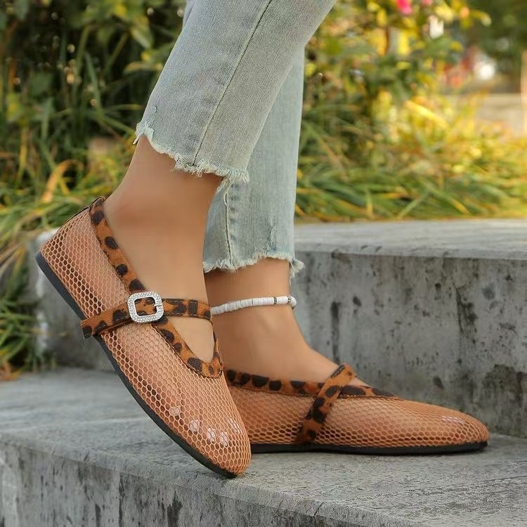 Plus Size Rhinestone Buckle Hollow Ballet Flat-Bottomed Fashion Single Summer Round Head Shoes - Image 3