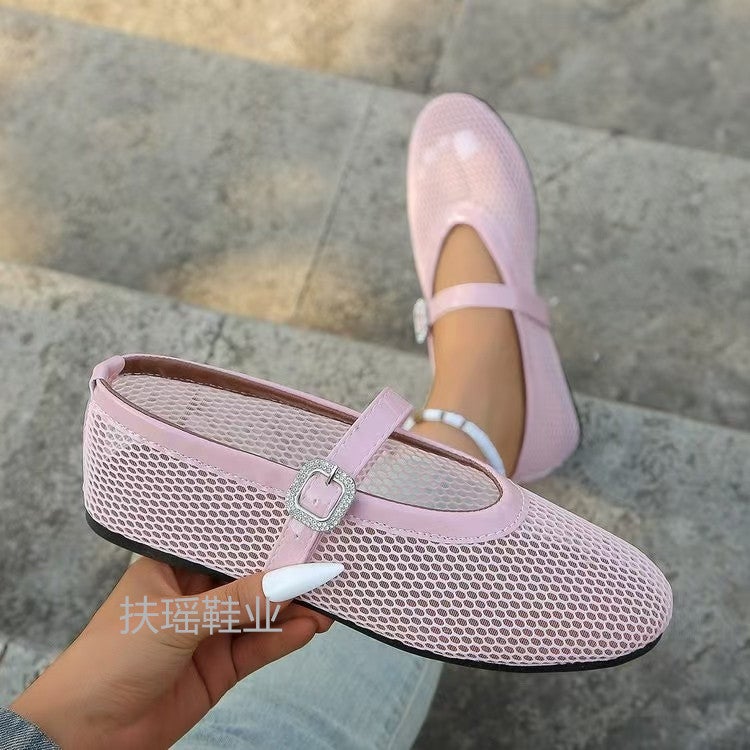 Plus Size Rhinestone Buckle Hollow Ballet Flat-Bottomed Fashion Single Summer Round Head Shoes - Image 4
