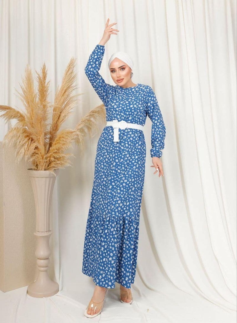 Blue white printed long dress 