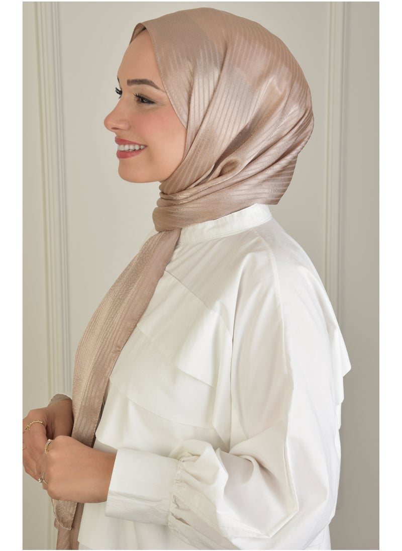 Burden İpek - Platinum Striped Hijab in Dark Beige – Made in Turkey, No See-Through, Perfect for Special Occasions - Image 1