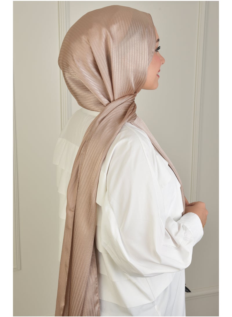 Burden İpek - Platinum Striped Hijab in Dark Beige – Made in Turkey, No See-Through, Perfect for Special Occasions - Image 1