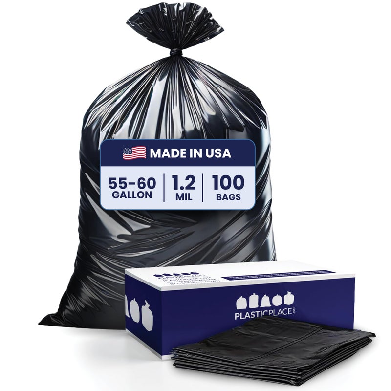 Plasticplace 55-60 Gallon Trash Bags, 1.2 Mil Heavy Duty Contractor Garbage Bags, Black Tear-Resistant Bags for Construction, Yard Waste, Industrial Use, Large 38â€ x 58â€ (100 Count) - Image 1