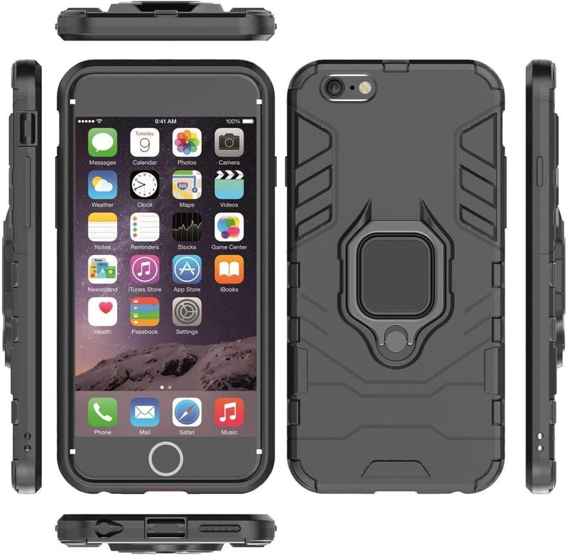 مايجين جراب متوافق مع هاتف Iphone6+ و6S+، مزود بمقبض حلقي معدني ومقبض مضاد للصدمات ومتين يعمل مع حامل مغناطيسي للسيارة، غطاء متين مزدوج الطبقات لهاتف Apple Iphone 6 Plus و6S Plus باللون الأسود - Image 4
