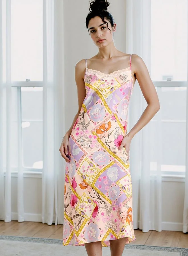 سبلاش فيڤ Floral Print Satin Slip Dress with Adjustable Straps