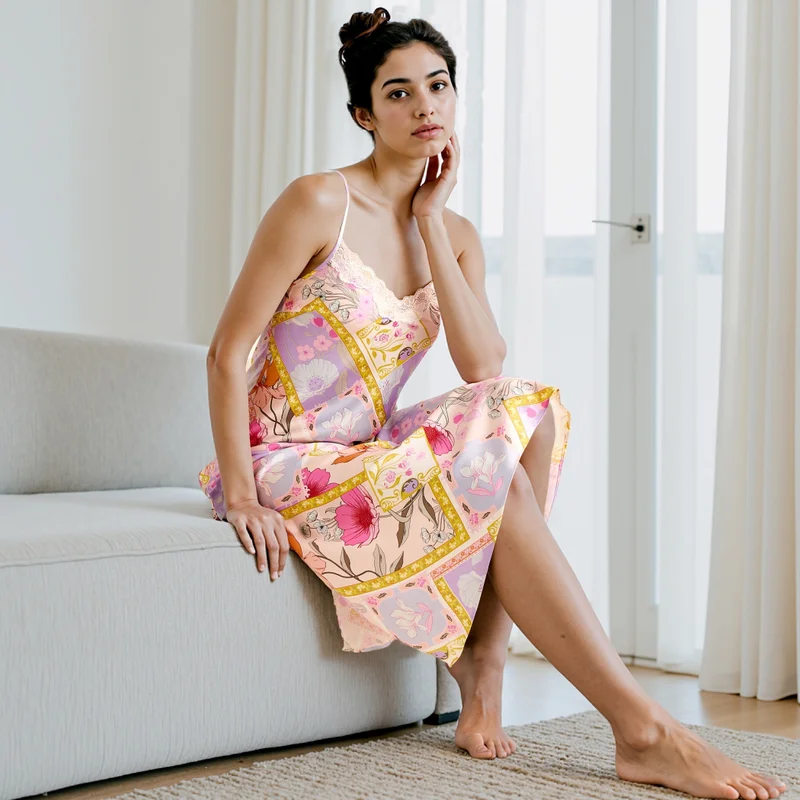 Splash FAV Floral Print Satin Slip Dress with Adjustable Straps