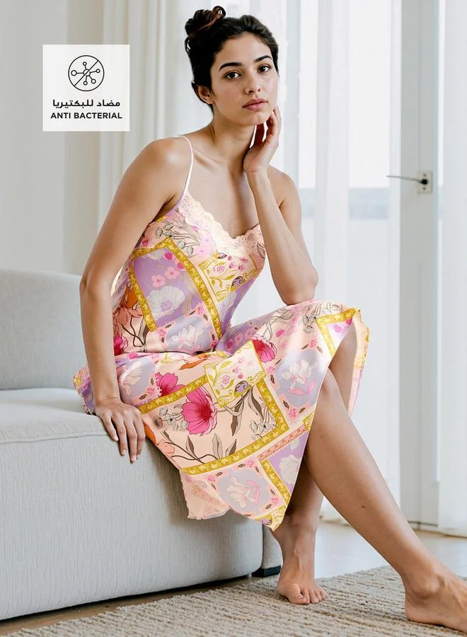 Splash FAV Floral Print Satin Slip Dress with Adjustable Straps