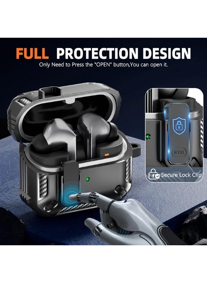 SPFYEAH Samsung Galaxy Buds 3 / Buds 3 Pro Case Cover, with Secure Lock Clip & Keychain & Cleaner kit, Hard Shell Rugged Shockproof Carbon Fiber Protection Cover for Samsung Galaxy Buds 3 & 3 Pro (2024), Black  - Image 2