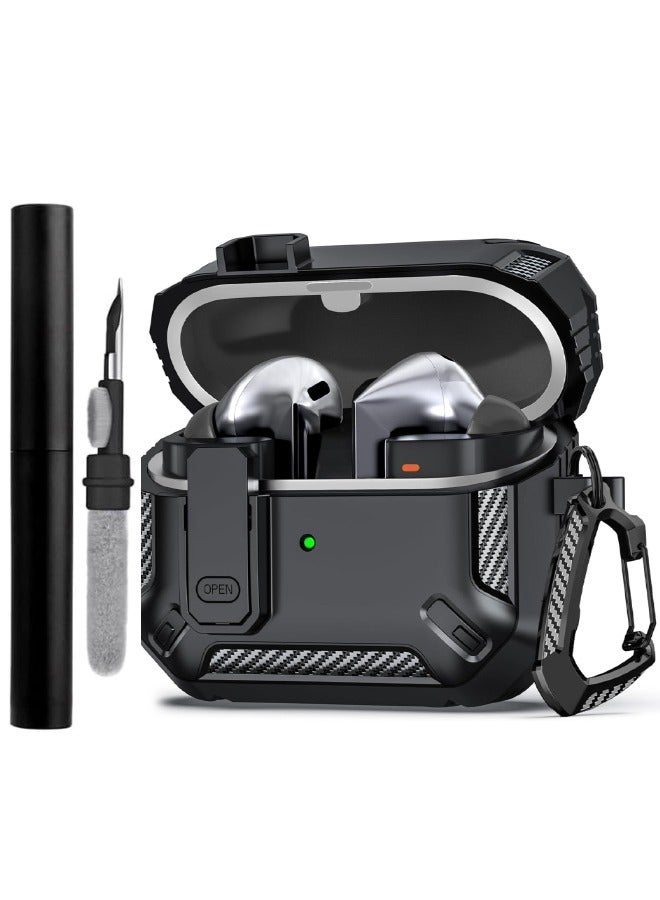 SPFYEAH Samsung Galaxy Buds 3 / Buds 3 Pro Case Cover, with Secure Lock Clip & Keychain & Cleaner kit, Hard Shell Rugged Shockproof Carbon Fiber Protection Cover for Samsung Galaxy Buds 3 & 3 Pro (202