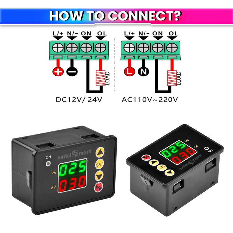 amiciSmart Digital ON/Off Timer Controller | 220V AC Programmable Delay Timer Switch with Dual LED Display | Cycle/Interval Modes | Relay Output 10A 250VAC | Panel Mount - Image 5
