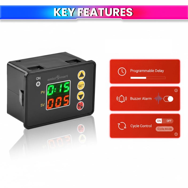 amiciSmart Digital ON/Off Timer Controller | 220V AC Programmable Delay Timer Switch with Dual LED Display | Cycle/Interval Modes | Relay Output 10A 250VAC | Panel Mount - Image 2